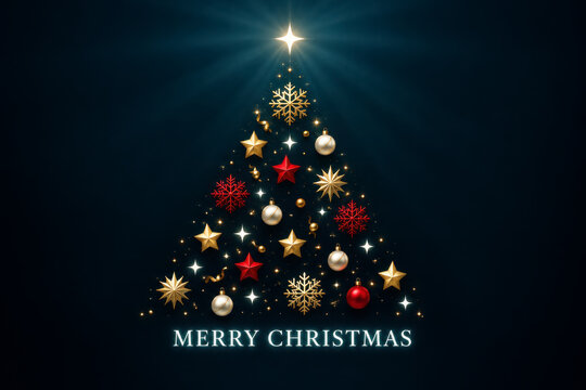 Merry Christmas greeting card featuring a glowing golden Christmas tree decorated with sparkling stars, red snowflakes and festive ornaments beneath a radiant star on a dark teal background