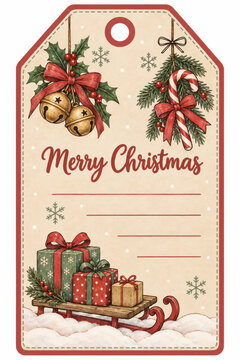 Merry Christmas vintage gift tag featuring golden bells, candy canes, holly leaves, red ribbons and wrapped presents on a wooden sleigh with snowy decorations and rustic parchment background