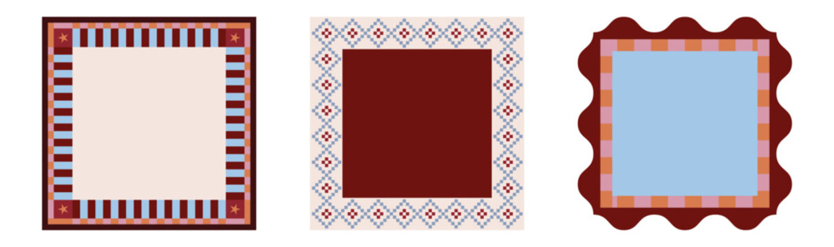 Vector Decorative frame collection featuring geometric borders, checkerboard patterns, Retro inspired rectangular frames  for invitations, posters, labels, stationery, and graphic design
