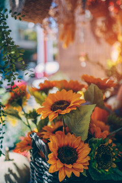 yellow sunflowers inside woven basket for autumn floral arrangement, artificial fall harvest decoration outdoors featuring rustic seasonal display and green leaves