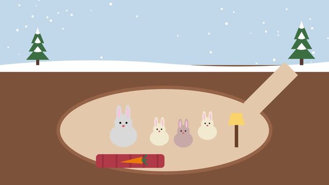 Bunny family sleeping in a cozy burrow under the snow. 2D animation.