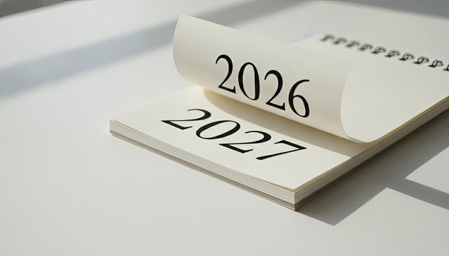 Page flipping on a desktop desk calendar revealing transition from year twenty twenty six to twenty twenty seven in a bright room.