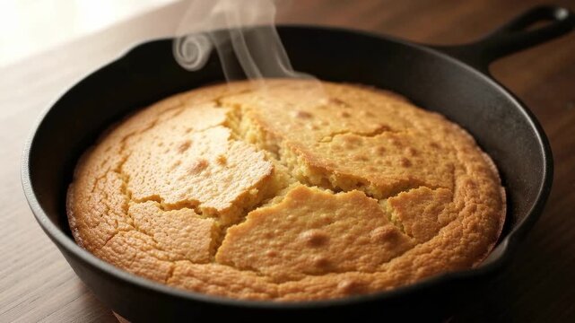 Cornbread steaming in cast iron skillet on kitchen table