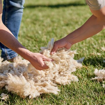 Hands sorting through freshly shorn wool on grassy ground.