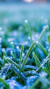 Blades of grass covered in sparkling ice crystals in early morning light.