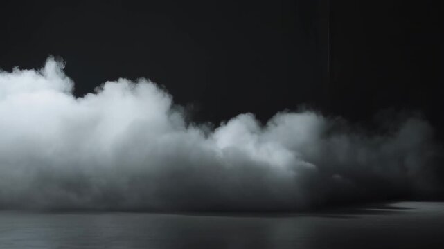 Dark storm clouds drift above rolling mist and a dim reflective horizon. Cinematic title, horror and suspense productions, and weather documentaries.