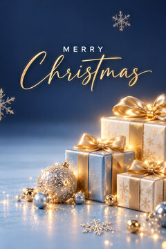 Merry Christmas greeting card featuring elegant silver and gold gift boxes with satin ribbons, sparkling ornaments, glowing fairy lights and golden holiday typography on a dark blue background