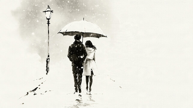 Valentine's Day couple seen from behind sharing an umbrella on a snowy lane sumi-e ink