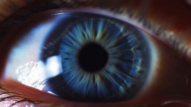 Extreme close-up of an open blue human eye with detailed iris and reflective cornea. Eye care advertising, ophthalmology education, and optometry presentations.