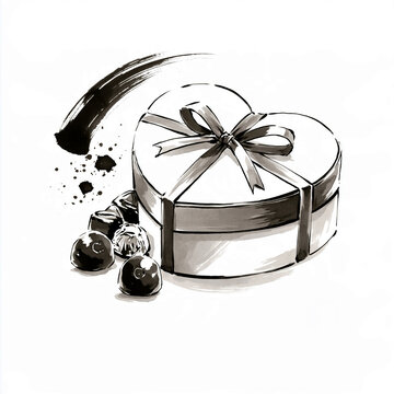 Valentine's Day heart-shaped chocolate box tied with a ribbon bow and truffles sumi-e ink