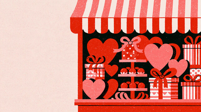 Valentine's Day chocolate shop with a red striped awning and heart gift boxes in the window