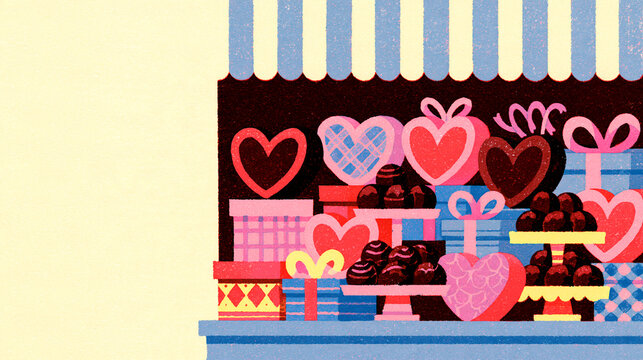 Valentine's Day chocolate shop window with a blue striped awning and heart-shaped gift boxes
