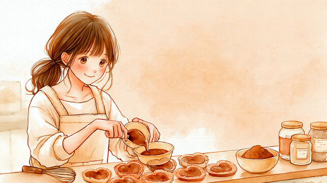 バレンタイン 溶かしたチョコを注ぐ女の子とハート型の手作りチョコ
