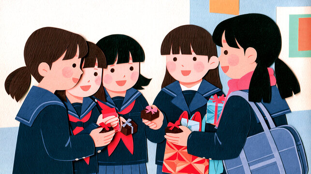 バレンタイン セーラー服の5人の女子学生が友チョコを交換する