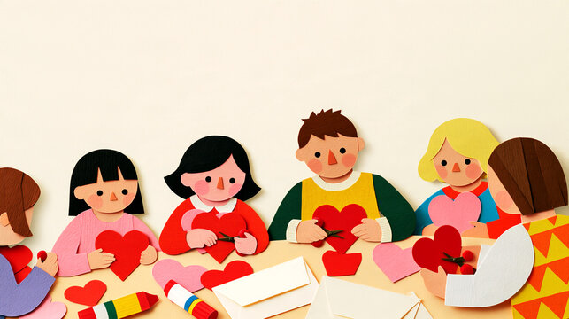 Valentine's Day kids making red and pink paper heart cards with scissors and glue