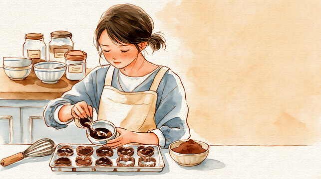 バレンタイン 手作りチョコをハートの型に流し込む若い女性