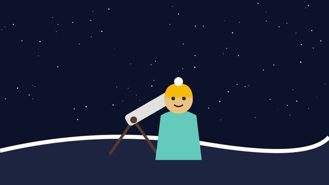 Stargazing with a telescope on a snowy night. 2D animation.