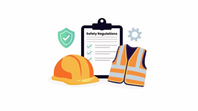 Workplace safety checklist on a clipboard with a yellow hard hat, orange reflective vest, green safety shield and gray gear, 2D vector illustration, alpha channel transparent background 