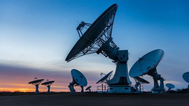 Radio telescope array with parabolic dishes oriented toward the sky at sunset in an outdoor observatory. Astronomy education, space science documentaries.