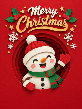 Merry Christmas greeting card featuring a cute smiling snowman wearing a red Santa hat, green scarf and mittens with festive holly leaves, snowflakes and golden stars on a bright red background