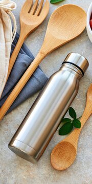 Metallic beverage container rests among wooden kitchen utensils and greenery.