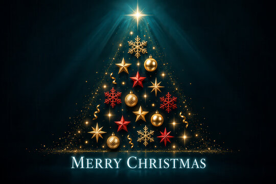 Merry Christmas greeting card featuring a glowing golden Christmas tree made of sparkling stars, festive ornaments and snowflakes beneath a radiant star on an elegant dark teal background