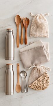 Reusable containers and utensils are neatly arranged on a stone surface.