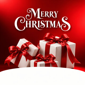 Merry Christmas greeting card featuring elegant white gift boxes decorated with shiny red satin ribbons and bows against a rich red gradient background with classic white holiday typography