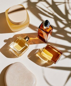 Several glass containers with liquids are arranged with shadows from foliage.
