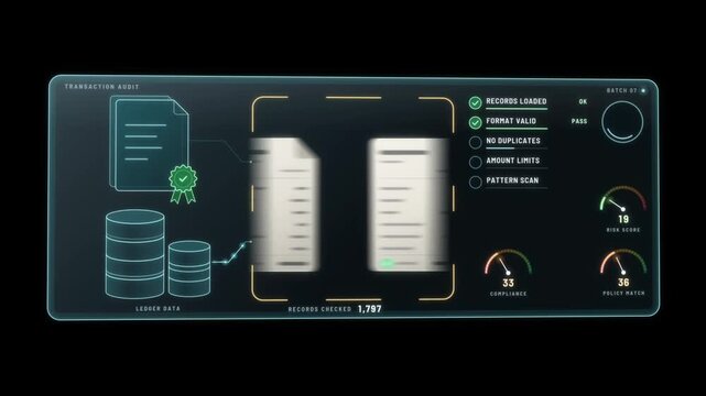 Transaction audit dashboard scans ledger records, flags an anomaly and completes compliance check