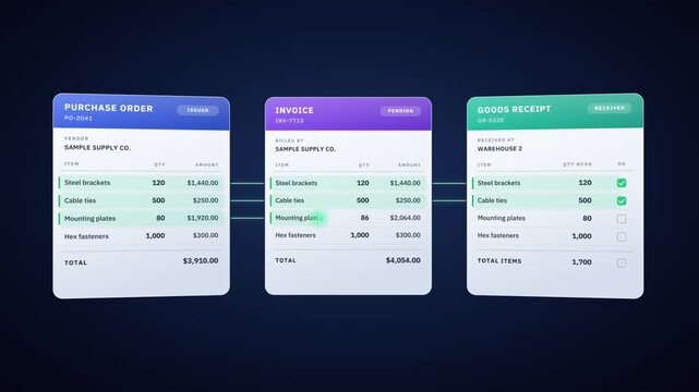 Three-way match animation compares purchase order, invoice and goods receipt and corrects quantity mismatch