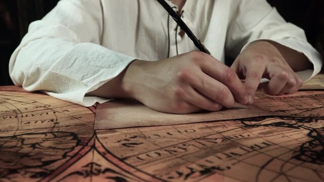 Close up of hands writing with a traditional feather quill on aged parchment over an antique world map, illuminated by warm moody light, evoking medieval history, cartography and Renaissance writing