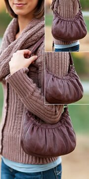 A woman wears a stylish plumcolored leather handbag with a knitted sweater.