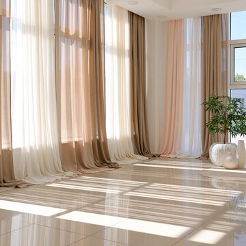 Elegant sheer and opaque drapes frame a sunlit room with a tiled floor.