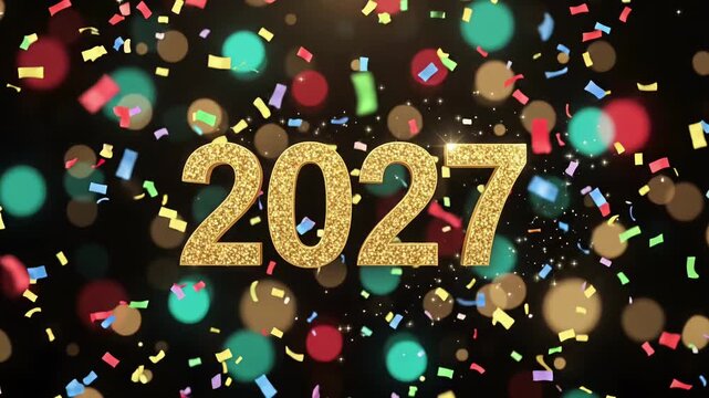 2027 New Year Celebration Party Countdown Animation, Golden Numbers Confetti Motion Graphic Background
