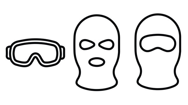 Minimalist vector outline set of protective goggles and balaclava face masks with bold black contour lines on a clean white background