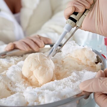 Scientists meticulously examine a frozen substance with scientific instruments.
