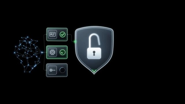 Zero trust security interface checks identity, device and key, then shield padlock locks with access granted