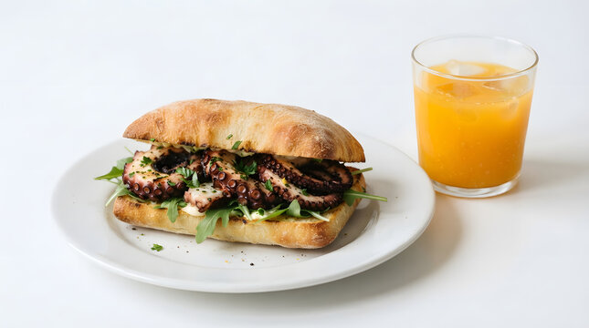 Panino col polpo (grilled octopus sandwich) next to a chilled orange juice. Italian cuisine, European breakfast and European sandwiches and bread dishes assets