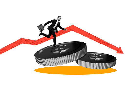 Composite photo collage of unhappy businessman run recession arrow coin bankrupt usd inflation problem isolated on painted background