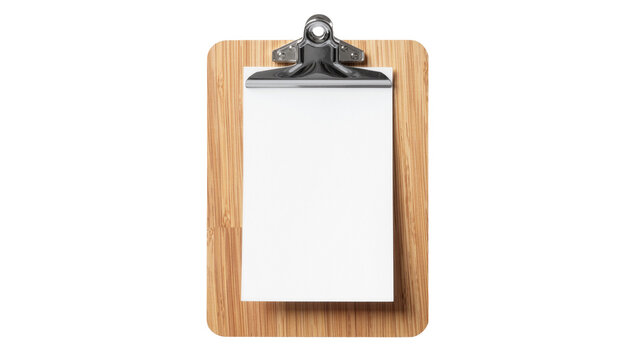 Wooden clipboard with silver metal clip and blank white paper sheet