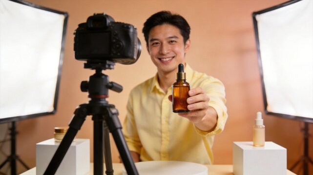 commerce media: Smiling host presents an amber cosmetic bottle to camera in a professional live shopping broadcast studio with softbox lighting.
