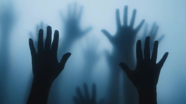 Silhouetted hands reach toward a translucent barrier in a dim blue enclosed space. Mental health campaigns, domestic abuse awareness, and human trafficking awareness.