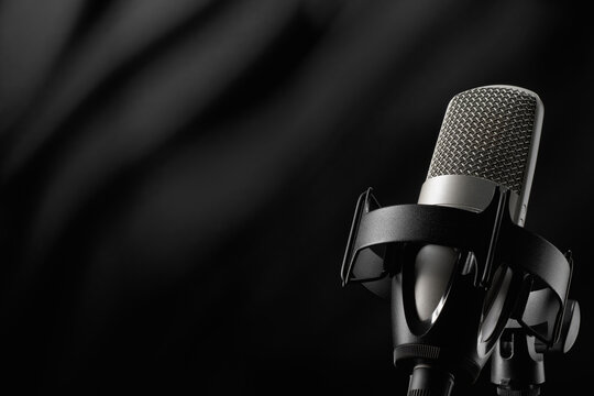 Studio condenser microphone in shock mount for professional audio recording