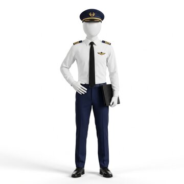 Pilot uniform mannequin standing confidently holding clipboard