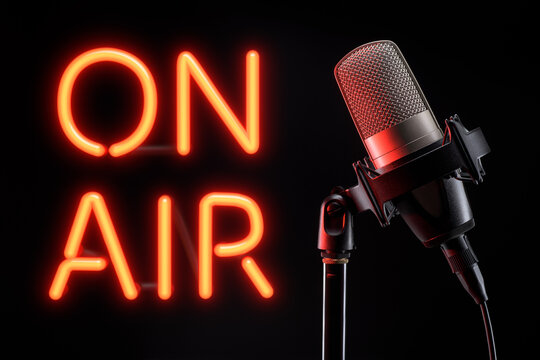 On-air neon sign and microphone for live radio broadcasting