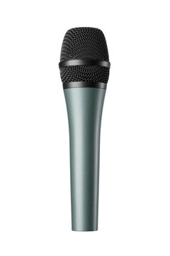 Handheld classic dynamic microphone with a green body isolated. Transparent PNG image.