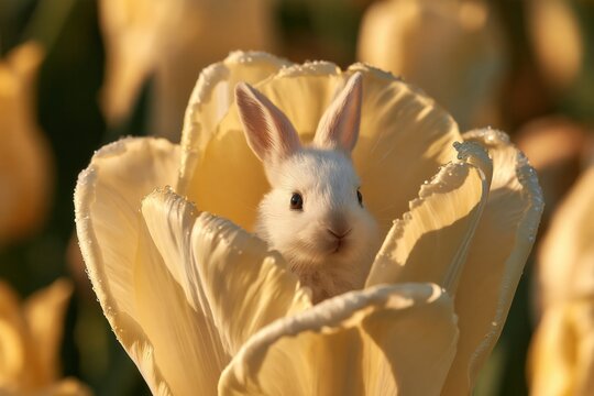 a tiny fluffy baby rabbit peeking out from an enormous blooming pale yellow tulip