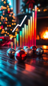 Rising bar chart with colorful neon light bars and decorative holiday ornaments