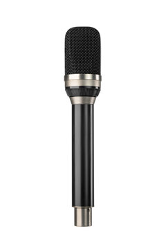 Retro metallic handheld condenser microphone isolated. Transparent PNG image.